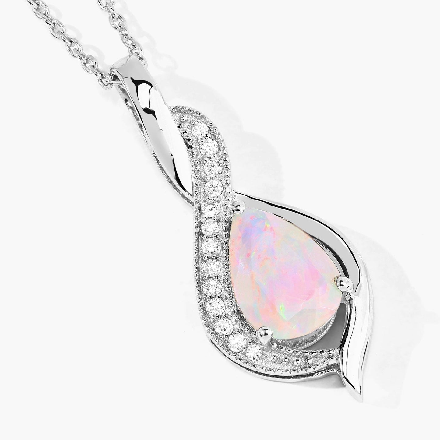 0.90 Ct Pear White Ethiopian Opal & Lab Diamond Prong Silver Teardrop Crossover Pendant Necklace