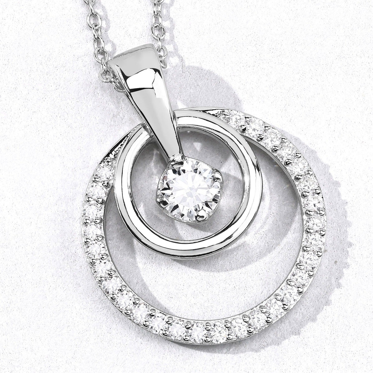 1 Cttw Round White Lab Grown Diamond Rhodium Plated Silver Double Circle Halo Pendant Necklace
