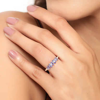 0.74 Ct Marquise Violet Tanzanite Diamond Prong 14K Yellow Gold Pave Statement Ring