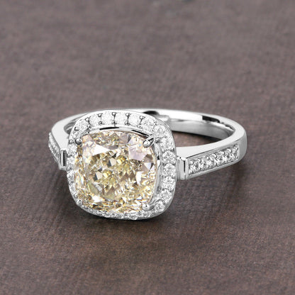 4.02 Ct Natural Yellow Diamond 18K White Gold Pave Halo Cushion Ring