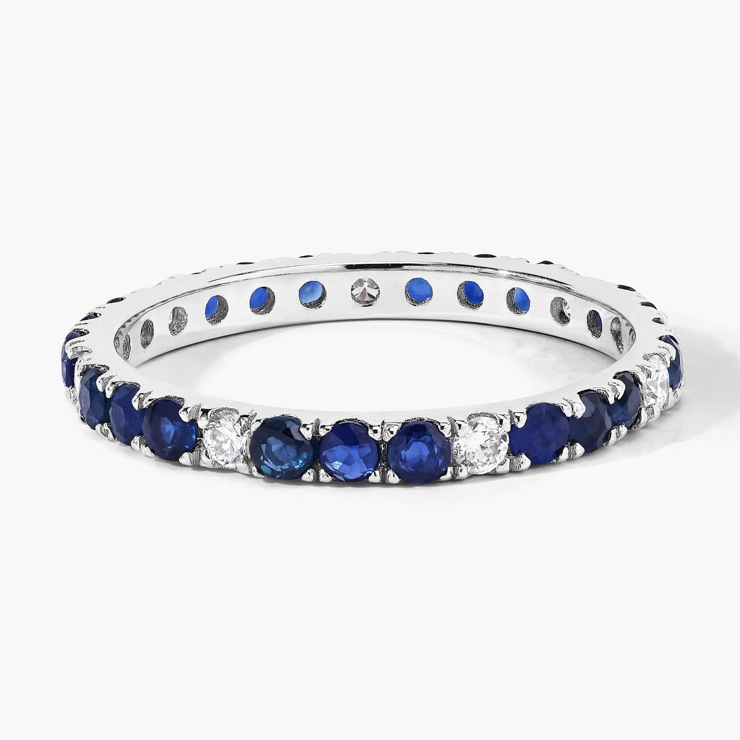 1.01 Ct Round Blue Sapphire and Lab Diamond Prong Silver Eternity Band Ring