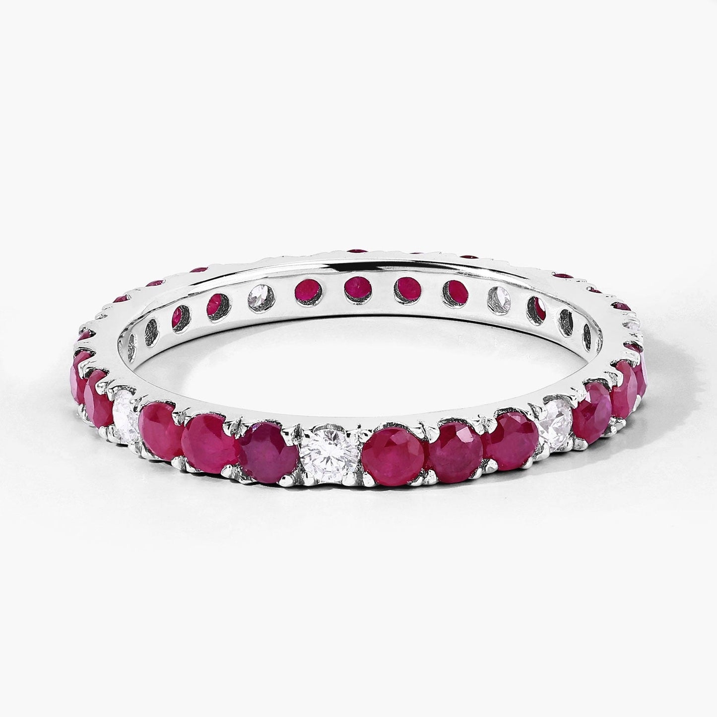1.01 Ct Round Pink Mozambique Ruby and Lab Diamond Prong Silver Eternity Band Ring
