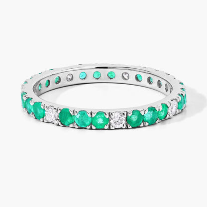 0.75 Ct Round Green Zambian Emerald and Lab Diamond Prong Silver Eternity Band Ring