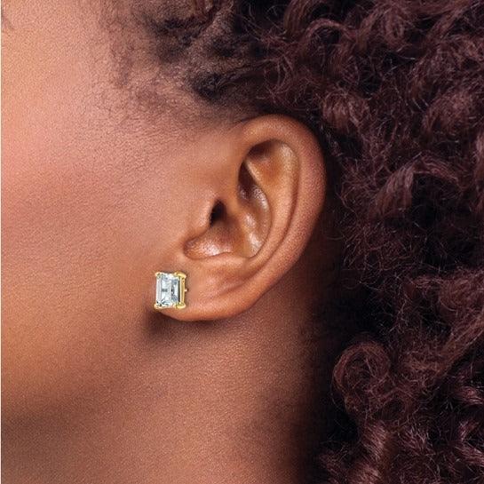 14K Gold Lab Grown Emerald Diamond Four Prong Stud Earrings