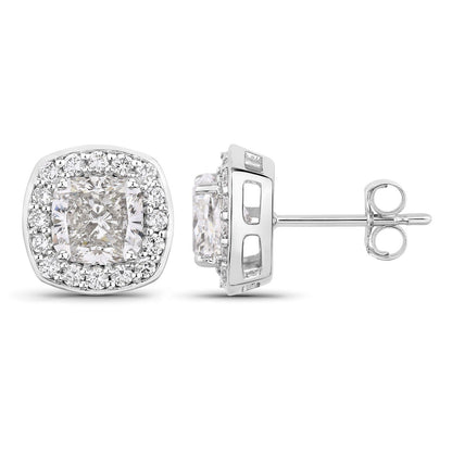 Cushion Lab Grown Diamond Prong Platinum Bridal Halo Stud Earrings
