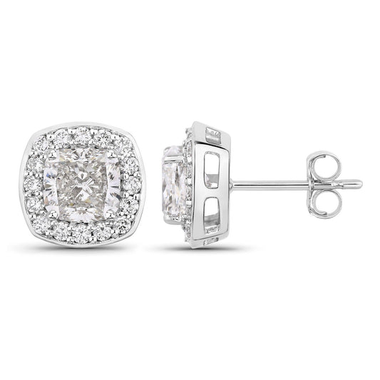 3.03 Ct Cushion Lab Grown Diamond Prong Platinum Bridal Halo Stud Earrings