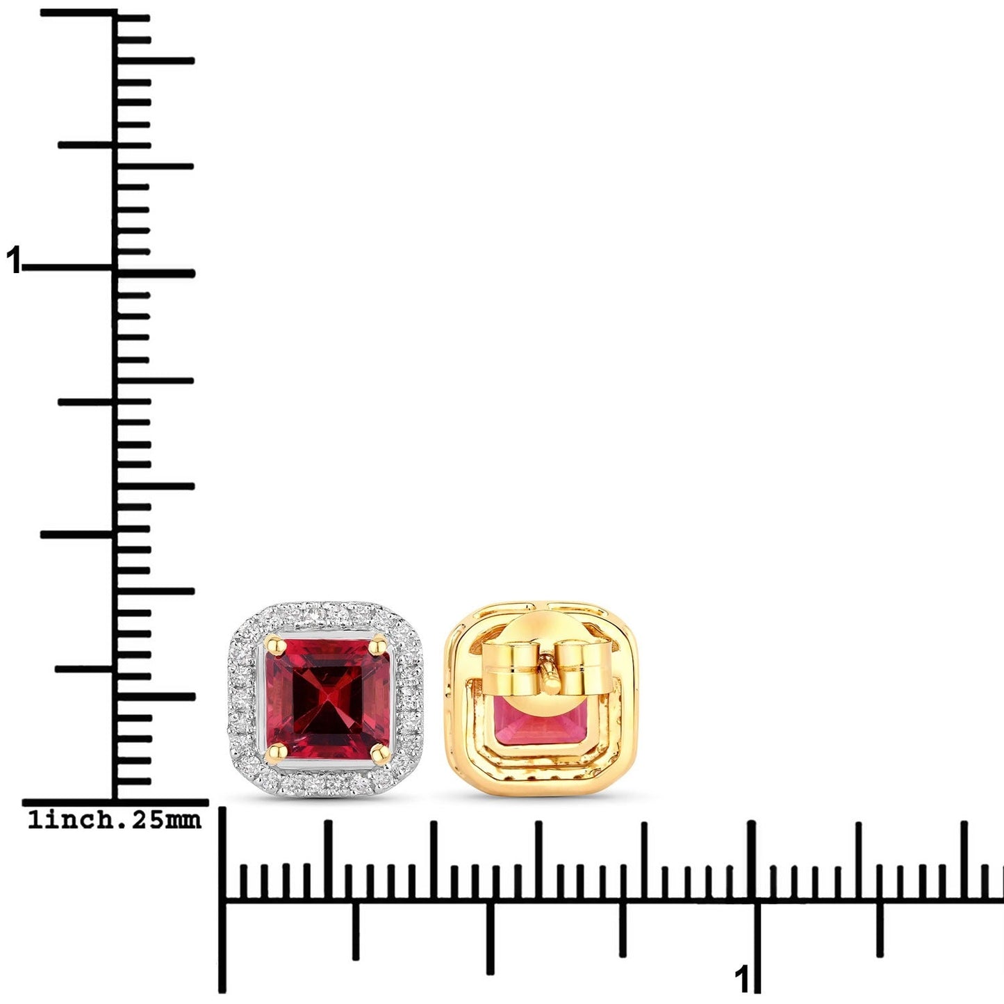 2.48 Ct Octagon Red Rubellite & Lab Diamond Prong 14K Gold Stud Earrings