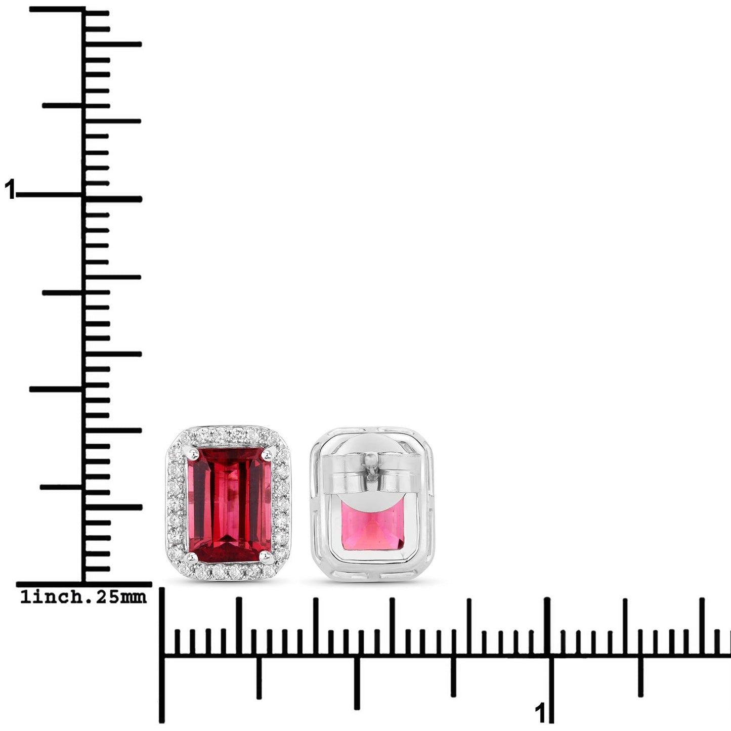 2.84 Ct Octagon Red Rubellite & Lab Diamond Prong 14K Gold Stud Earrings