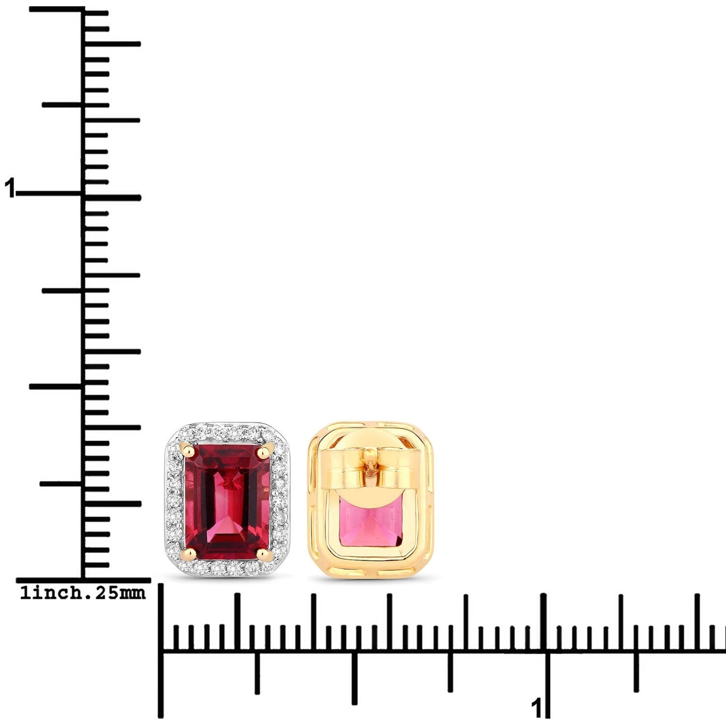 2.84 Ct Octagon Red Rubellite & Lab Diamond Prong 14K Gold Stud Earrings