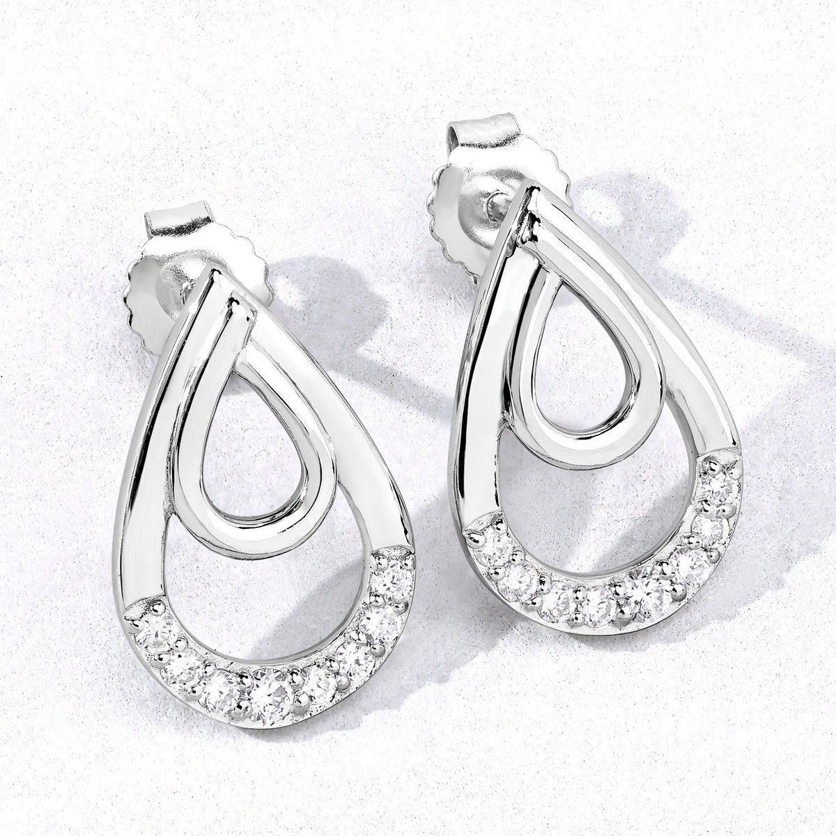 0.33 Cttw Round White Lab Diamond Pavé Rhodium Plated Silver Double Teardrop Stud Earrings