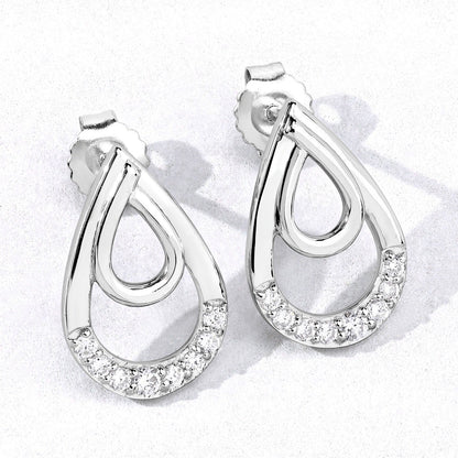 0.33 Cttw Round White Lab Diamond Pavé Rhodium Plated Silver Double Teardrop Stud Earrings