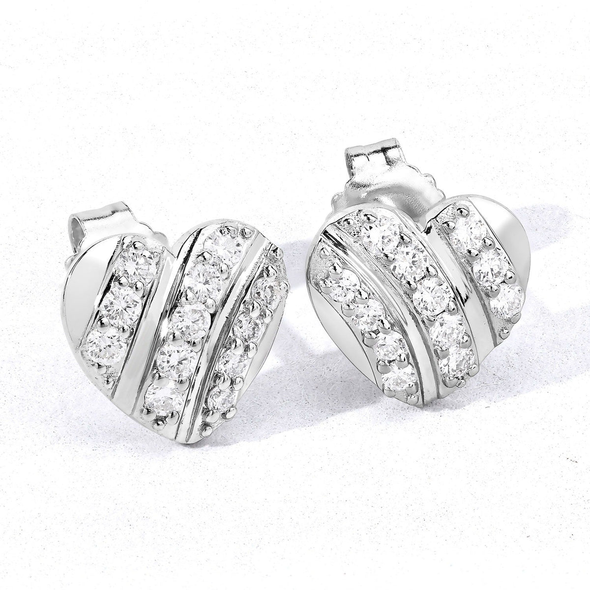 0.50 Cttw Round White Lab Diamond Pavé Rhodium Plated Silver Striped Heart Stud Earrings