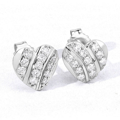 0.50 Cttw Round White Lab Diamond Pavé Rhodium Plated Silver Striped Heart Stud Earrings