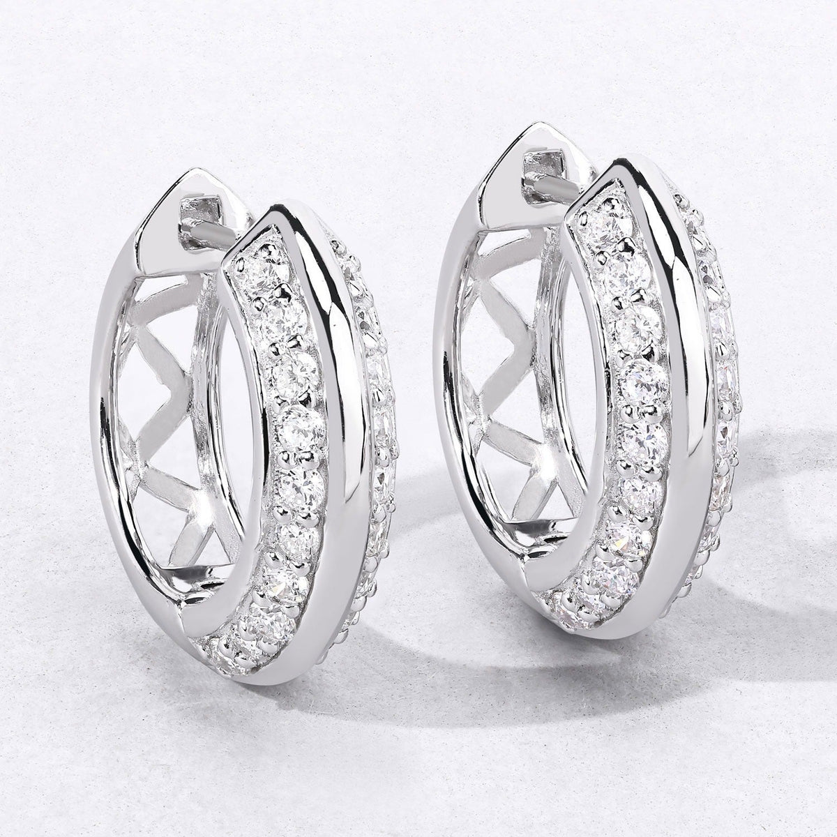 1.00 Cttw Round White Lab Diamond Pavé Rhodium Plated Silver Double Row Huggie Hoop Earrings