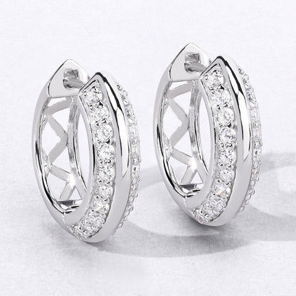 1.00 Cttw Round White Lab Diamond Pavé Rhodium Plated Silver Double Row Huggie Hoop Earrings
