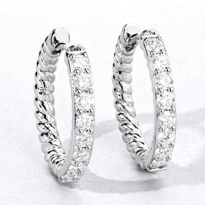 1.00 Cttw Round White Lab Diamond Shared Prong Rhodium Plated Silver Huggie Hoop Clip On Earrings