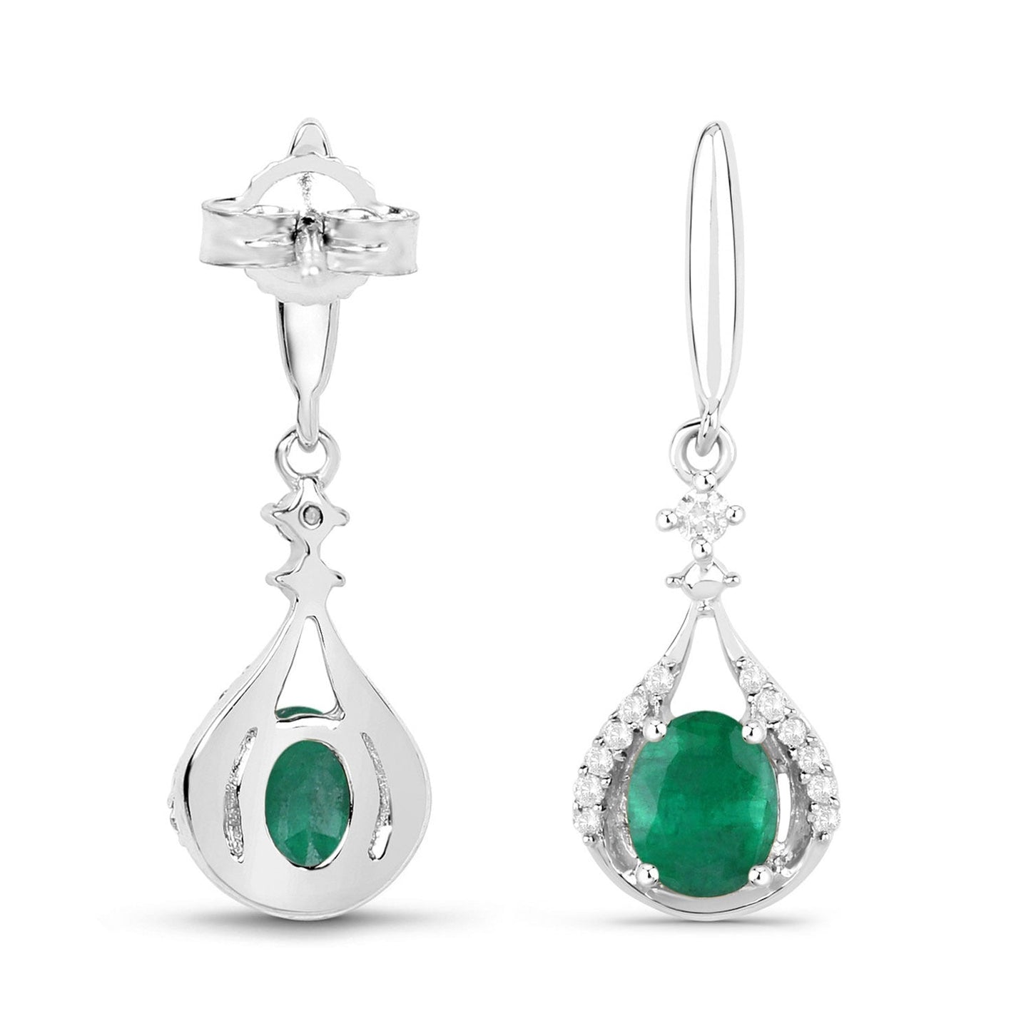 0.60 Ct Oval Green Zambian Emerald & Diamond Prong 14K White Gold Drop Dangle Earrings
