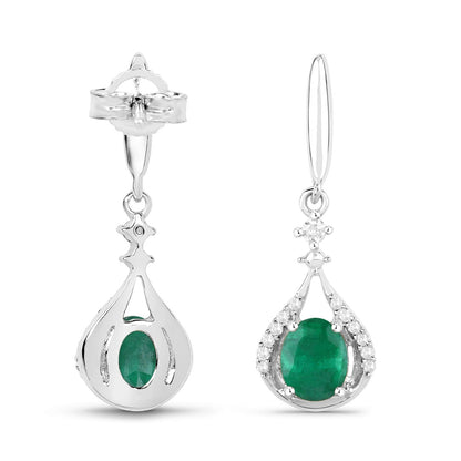 0.60 Ct Oval Green Zambian Emerald & Diamond Prong 14K White Gold Drop Dangle Earrings