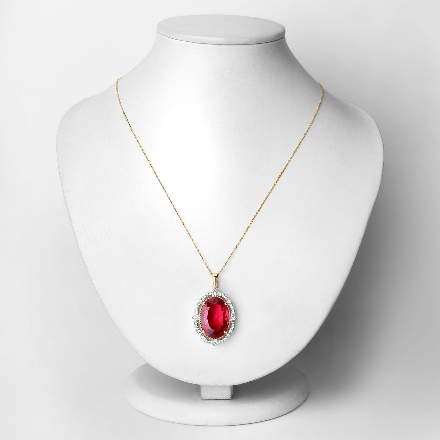 Genuine Rubellite and White Diamond 14K Yellow Gold Oval Pendant