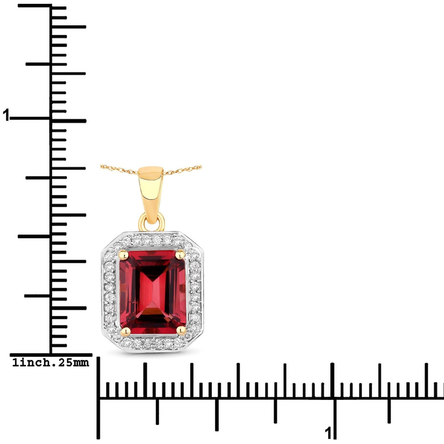 Red Genuine Rubellite and White Diamond 14K Yellow Gold Halo Pendant