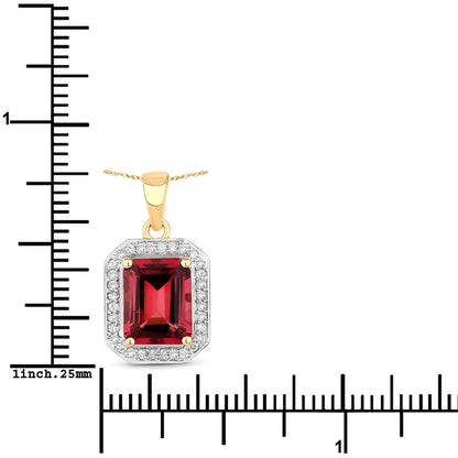 Red Genuine Rubellite and White Diamond 14K Yellow Gold Halo Pendant