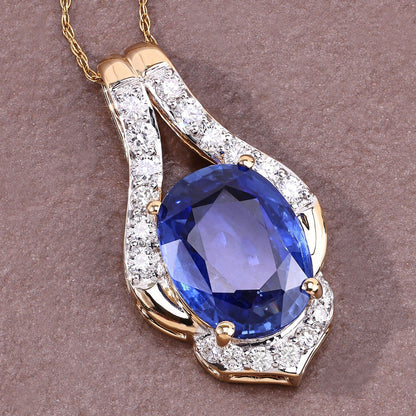 4.13 Ct Genuine Oval Ceylon Blue Sapphire and Diamond 18K Yellow Gold Statement Pendant