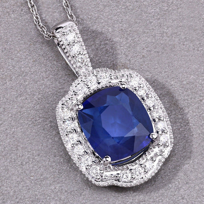 2.53 Ct Genuine Cushion Ceylon Blue Sapphire and Diamond 18K White Gold Halo Pendant