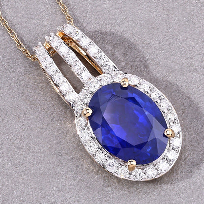 4.06 Ct Genuine Oval Ceylon Blue Sapphire and Diamond 18K Yellow Gold Statement Pendant