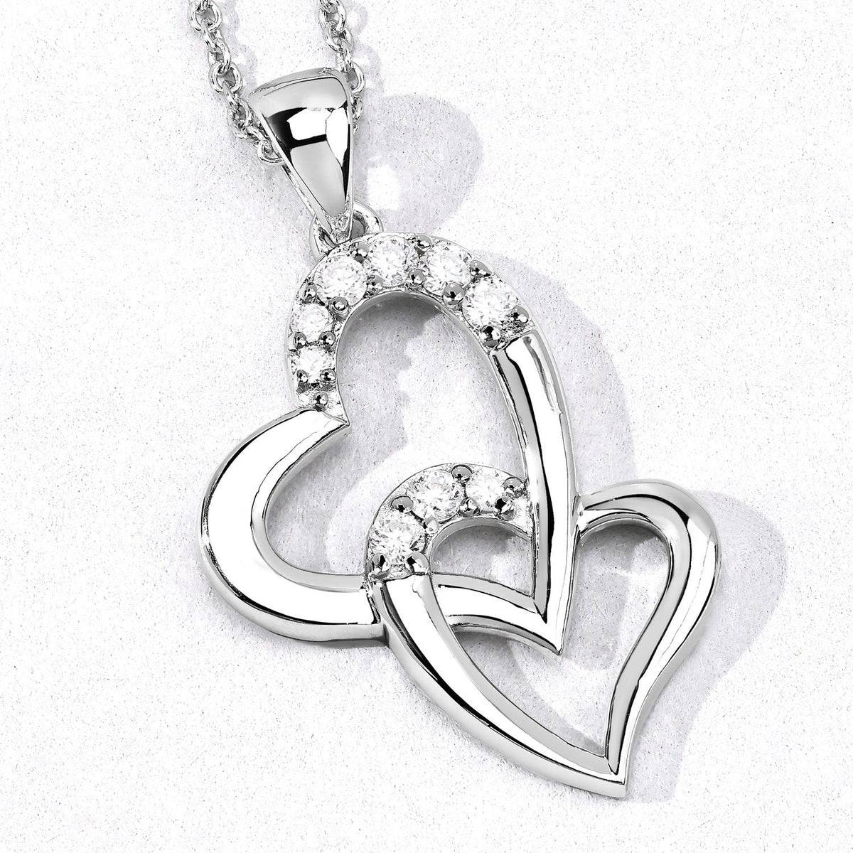 0.26 Cttw Round Lab Diamond Rhodium Plated Silver Intertwined Double Heart Pendant Necklace