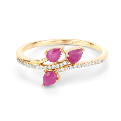0.60 Ct Pear Pink Ruby & Diamond Prong 14K Yellow Gold Pave Bypass Three Stone Ring