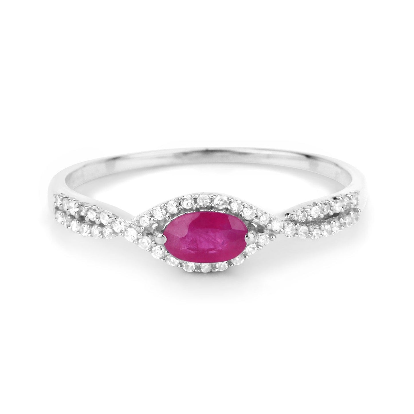 0.27 Ct Oval Pink Ruby & White Diamond Prong 14K White Gold Crossover Halo Ring