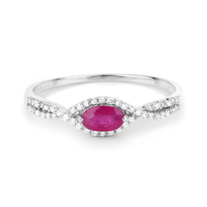 0.27 Ct Oval Pink Ruby & White Diamond Prong 14K White Gold Crossover Halo Ring