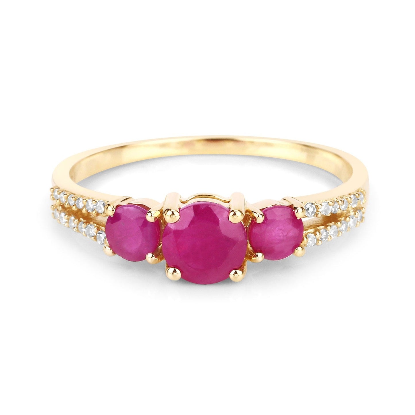 0.95 Ct Round Pink Ruby & Diamond Prong 14K Yellow Gold Pave Three Stone Split Shank Ring