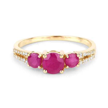 0.95 Ct Round Pink Ruby & Diamond Prong 14K Yellow Gold Pave Three Stone Split Shank Ring