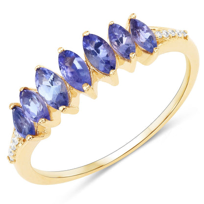 0.74 Ct Marquise Violet Tanzanite Diamond Prong 14K Yellow Gold Pave Statement Ring