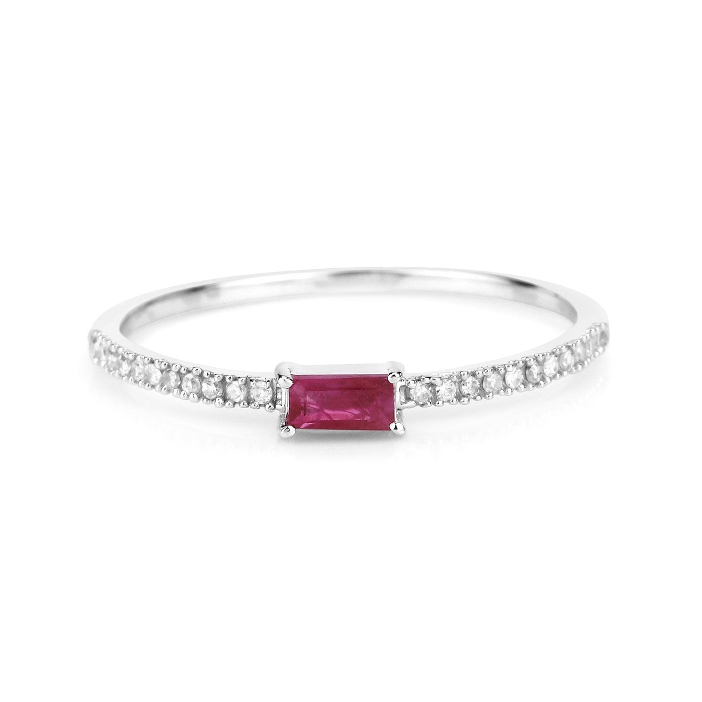 0.16 Ct Baguette Pink Ruby & Diamond Prong 14K White Gold Stackable Pave Ring