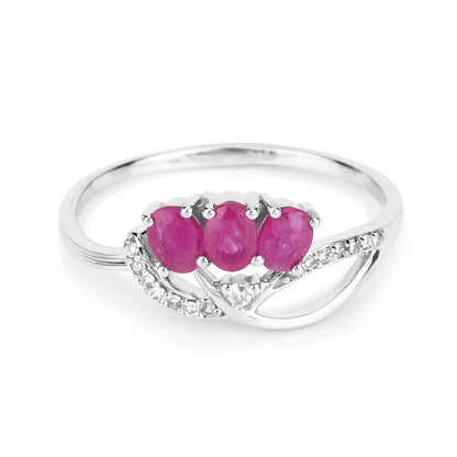 0.66 Ct Oval Pink Ruby & Diamond Prong 14K White Gold Pave Three Stone Knot Ring