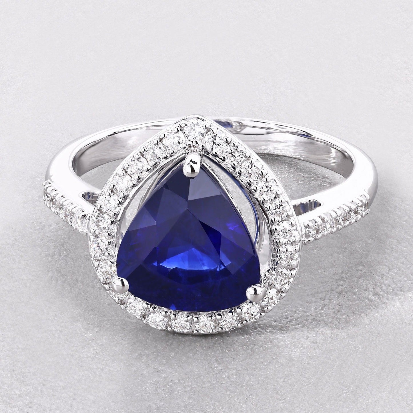 3.47 Ct Pear Ceylon Blue Sapphire and White Diamond Prong 18K White Gold Pave Halo Statement Ring