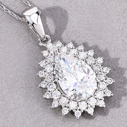 3.90 Ct Pear Shaped Lab Diamond Prong Platinum Bridal Floral Halo Teardrop Pendant