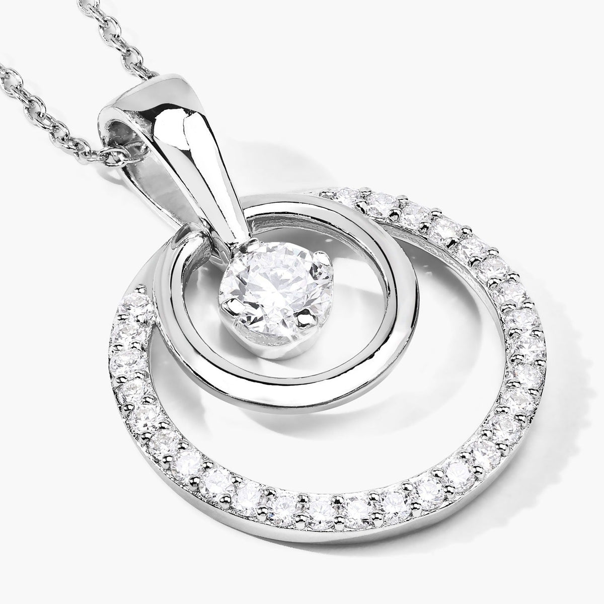 1 Cttw Round White Lab Grown Diamond Rhodium Plated Silver Double Circle Halo Pendant Necklace