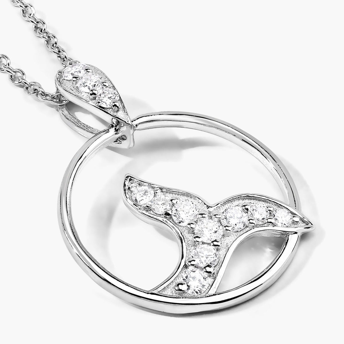 0.34 Cttw Round Lab Diamond Rhodium Plated Silver Whale Tail Circle Pendant Necklace