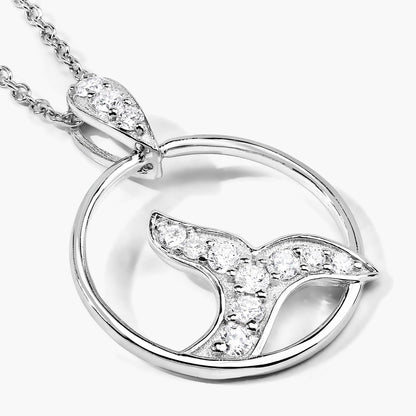 0.34 Cttw Round Lab Diamond Rhodium Plated Silver Whale Tail Circle Pendant Necklace