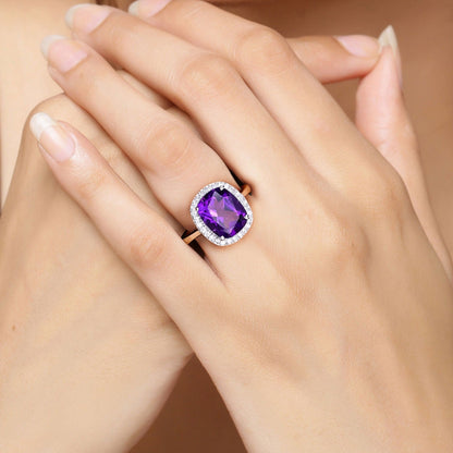3.80 Ct Cushion Purple Amethyst & Lab Diamond Prong Silver Halo Bridge Ring