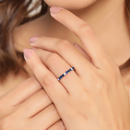 1.01 Ct Round Blue Sapphire and Lab Diamond Prong Silver Eternity Band Ring