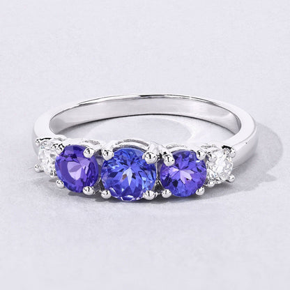 0.93 Ct Round Violet Tanzanite & Lab Diamond Prong Silver Five Stone Eternity Ring