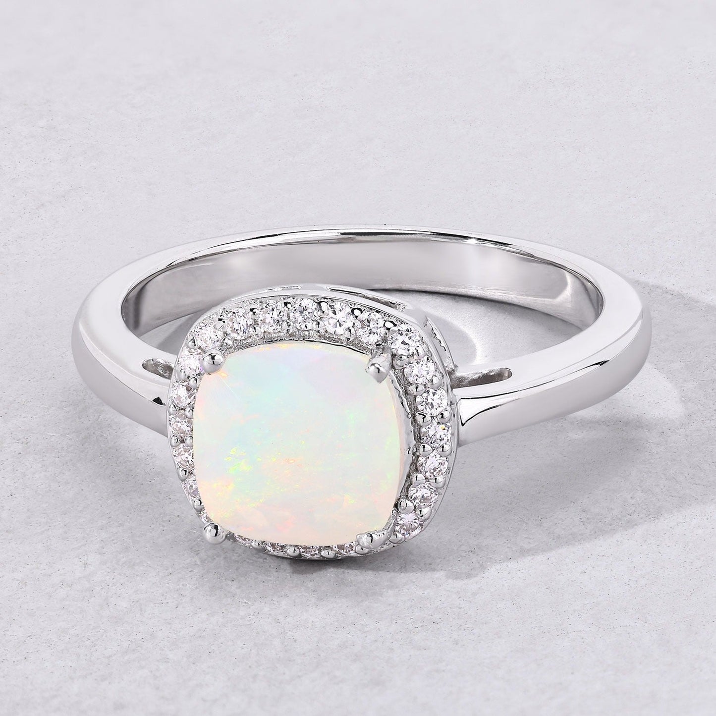 0.80 Ct Cushion Ethiopian Opal & Lab Diamond Prong Sterling Silver Halo Ring