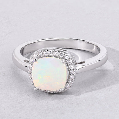 0.80 Ct Cushion Ethiopian Opal & Lab Diamond Prong Sterling Silver Halo Ring