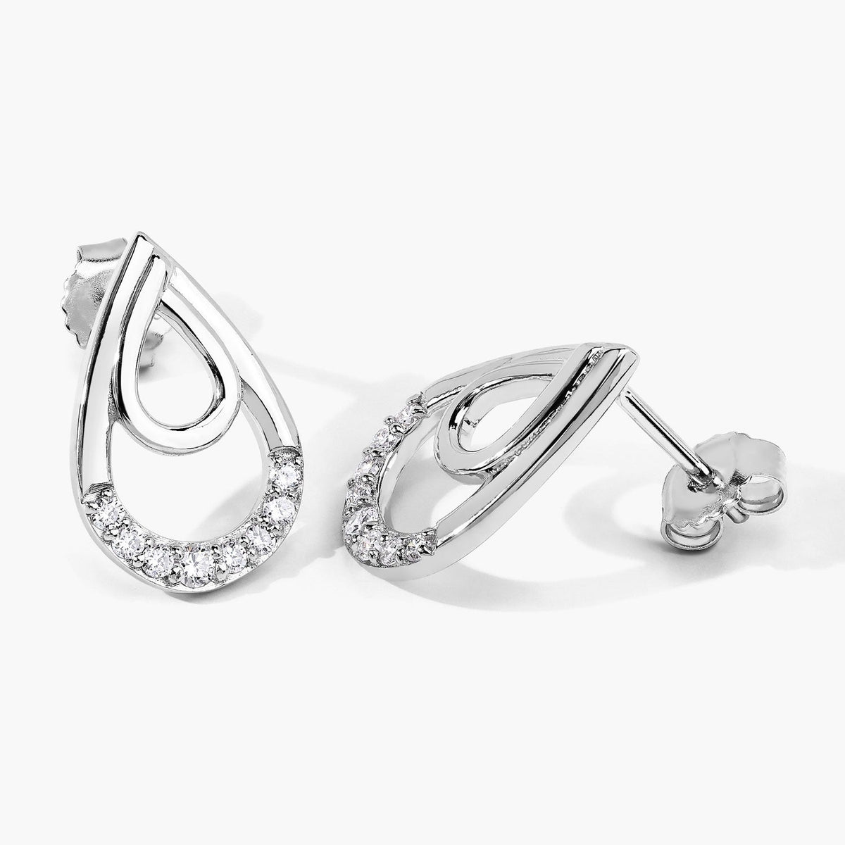 0.33 Cttw Round White Lab Diamond Pavé Rhodium Plated Silver Double Teardrop Stud Earrings