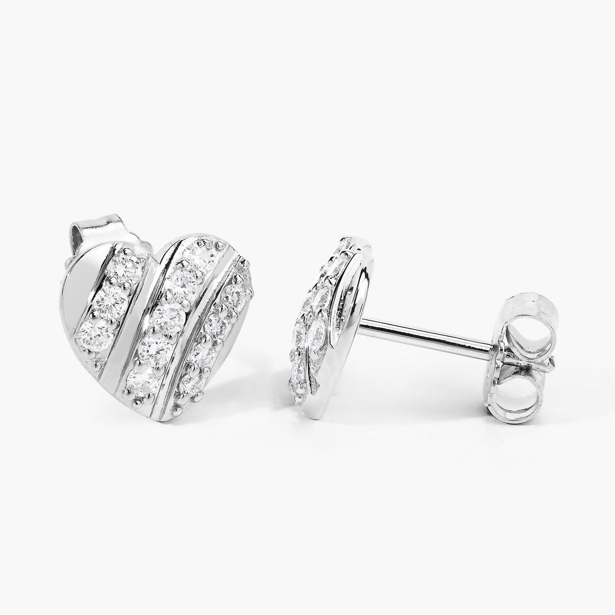 0.50 Cttw Round White Lab Diamond Pavé Rhodium Plated Silver Striped Heart Stud Earrings