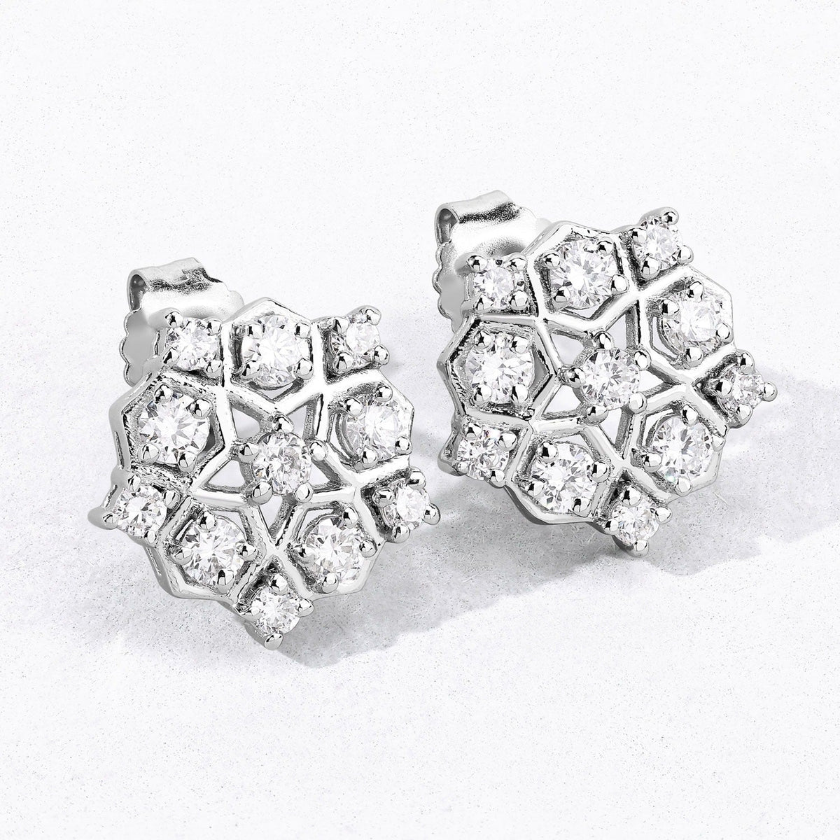1.00 Cttw Round White Lab Diamond Prong Rhodium Plated Silver Hexagon Cluster Stud Earrings